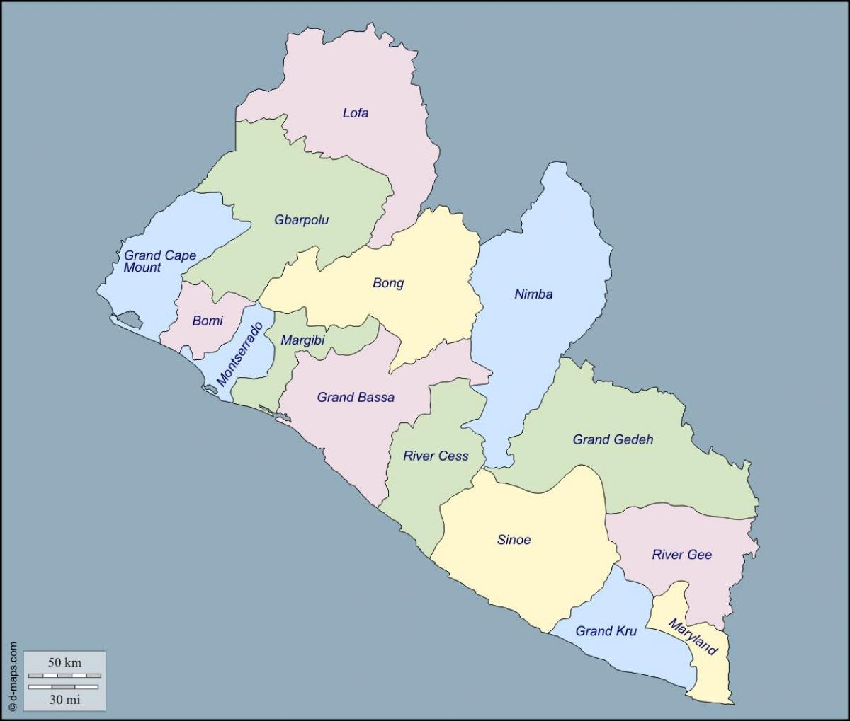 નકશો લાઇબેરિયા કાઉન્ટીઓ