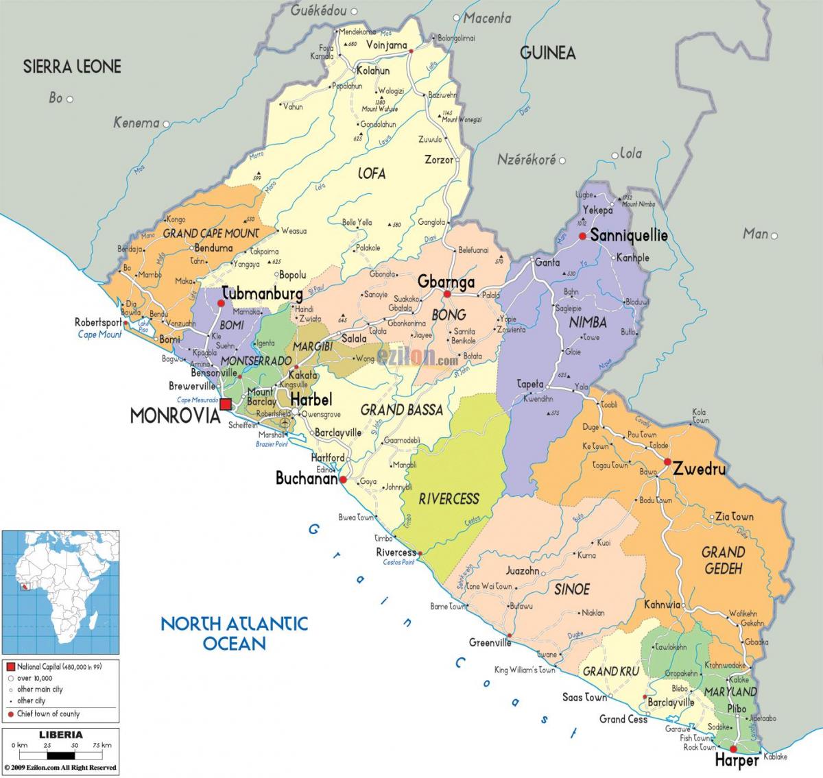 રાજકીય નકશો લાઇબેરિયા